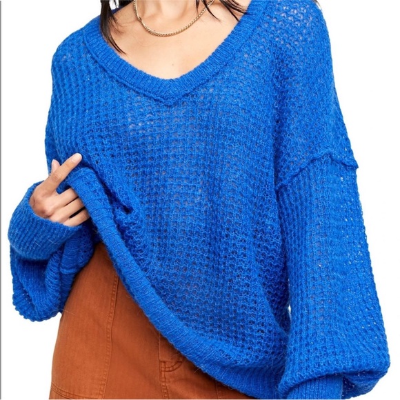 FREE PEOPLE Sunday V Neck Sweater Blue NWT - Picture 3 of 14